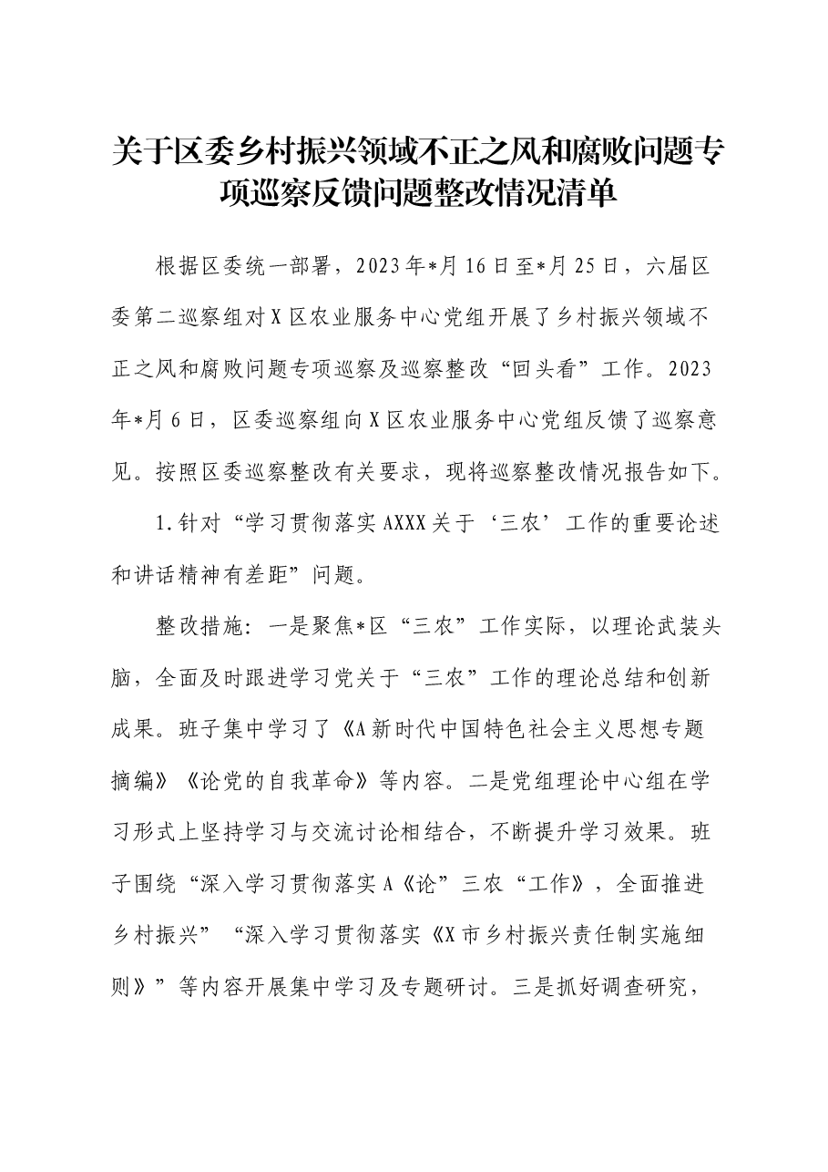乡村振兴领域不正之风和腐败问题专项巡察反馈问题整改情况清单报告(问题整改措施总结).docx,第1页预览