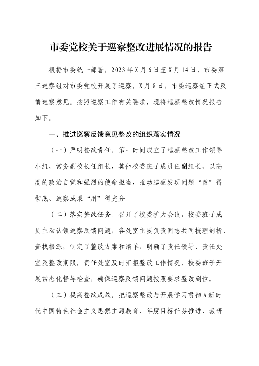 市委党校关于巡察整改进展情况的总结报告.docx,第1页预览