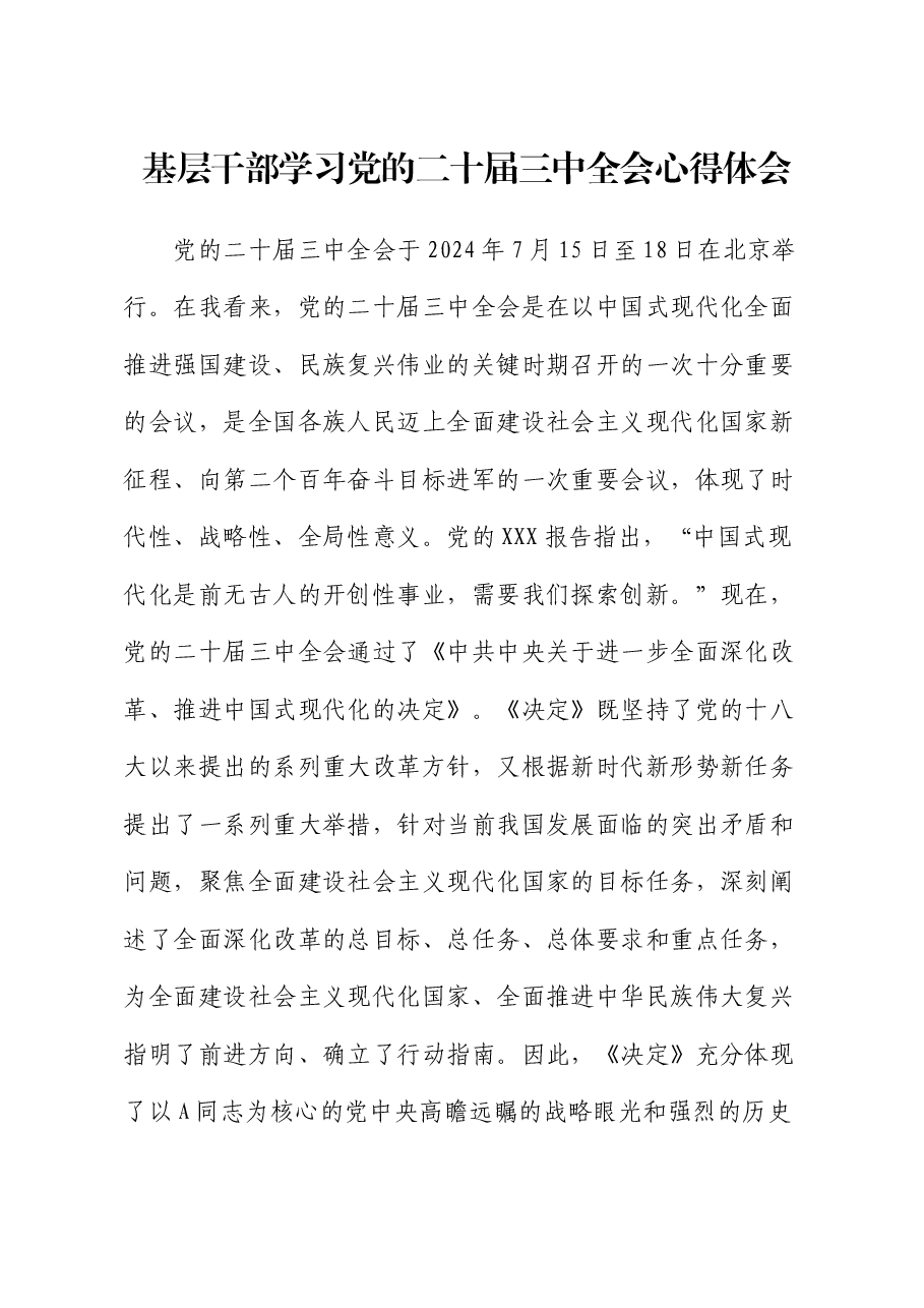 基层干部学习二十届三中全会心得体会发言.docx,第1页预览
