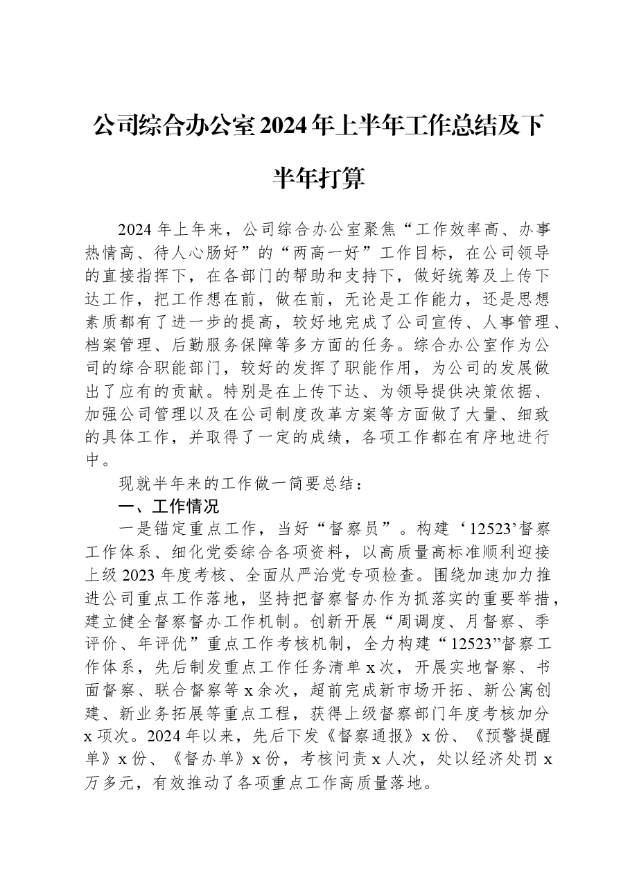 公司综合办公室2024年上半年工作总结及下半年打算.docx,第1页预览