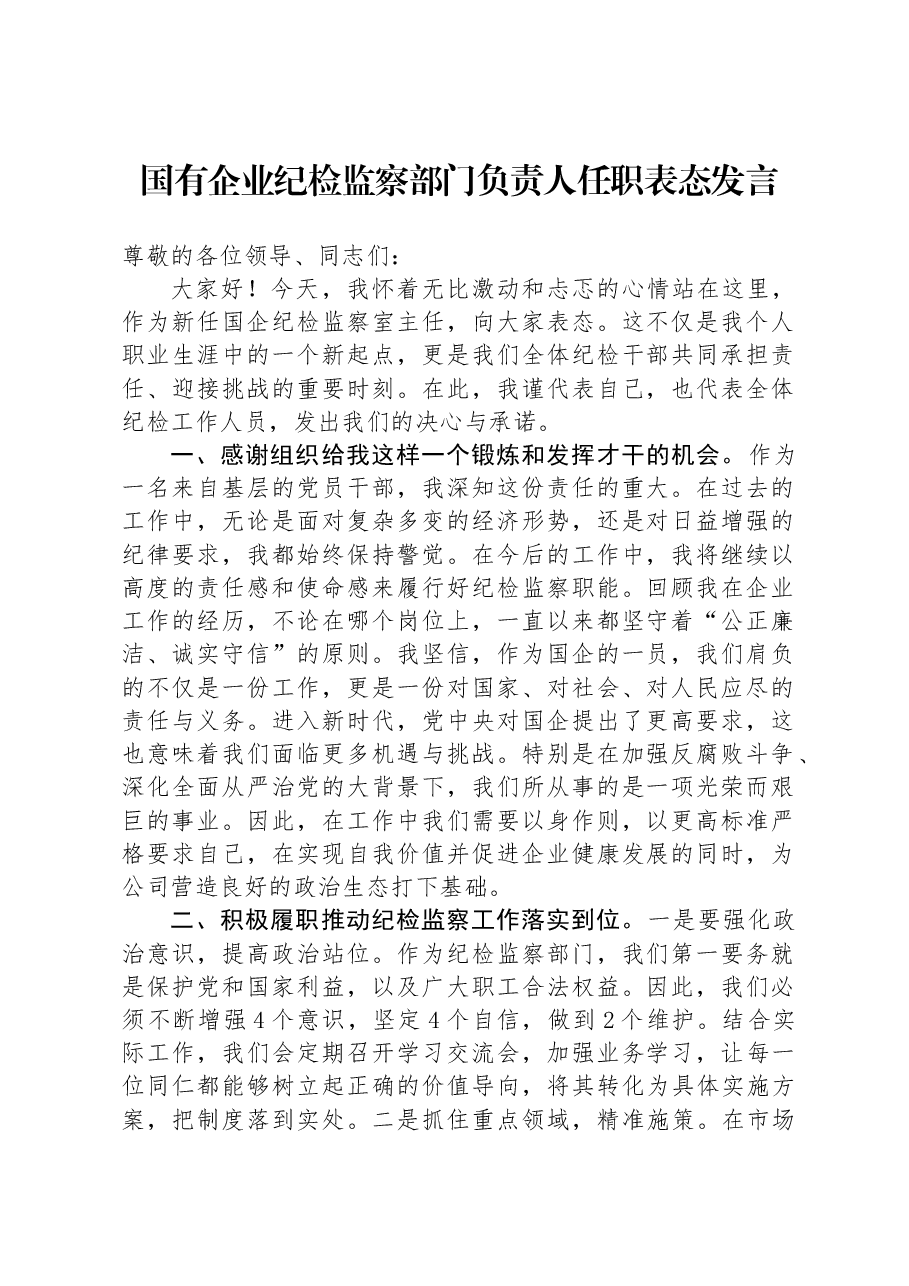 国有企业纪检监察部门负责人任职表态发言.docx,第1页预览