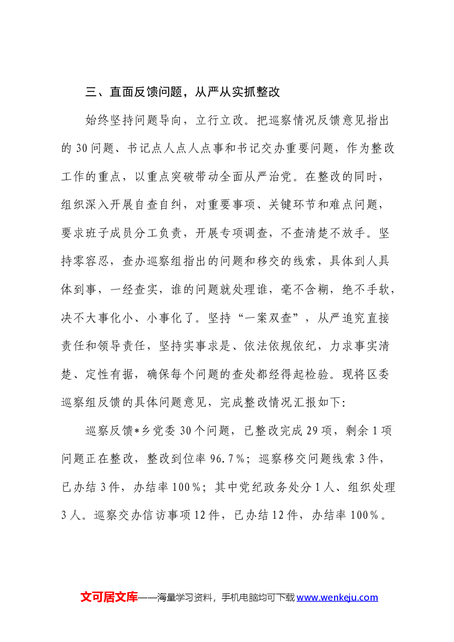 党委书记第一责任人组织落实巡察组反馈意见整改工作情况总结报告.docx,第3页预览