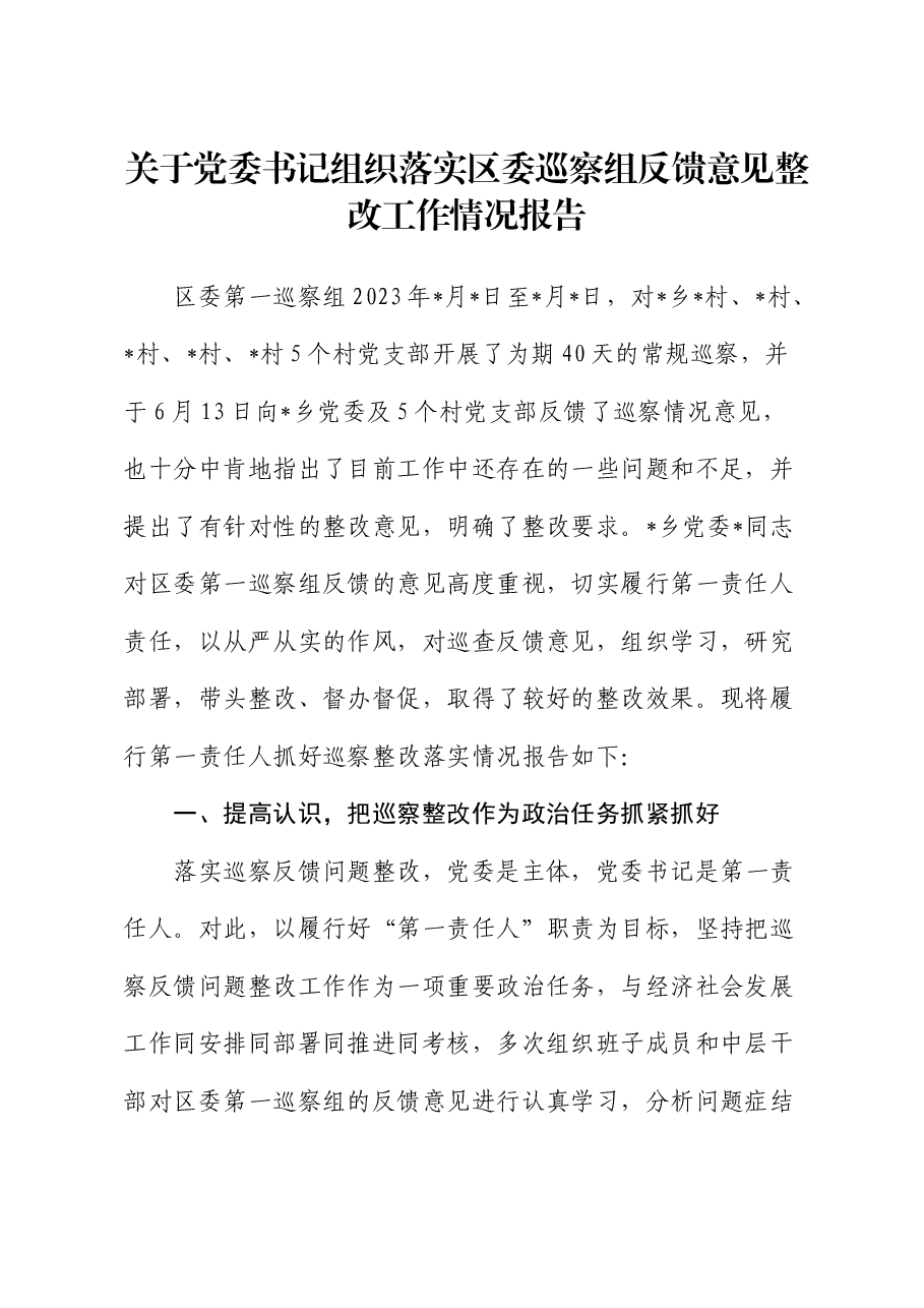 党委书记第一责任人组织落实巡察组反馈意见整改工作情况总结报告.docx,第1页预览