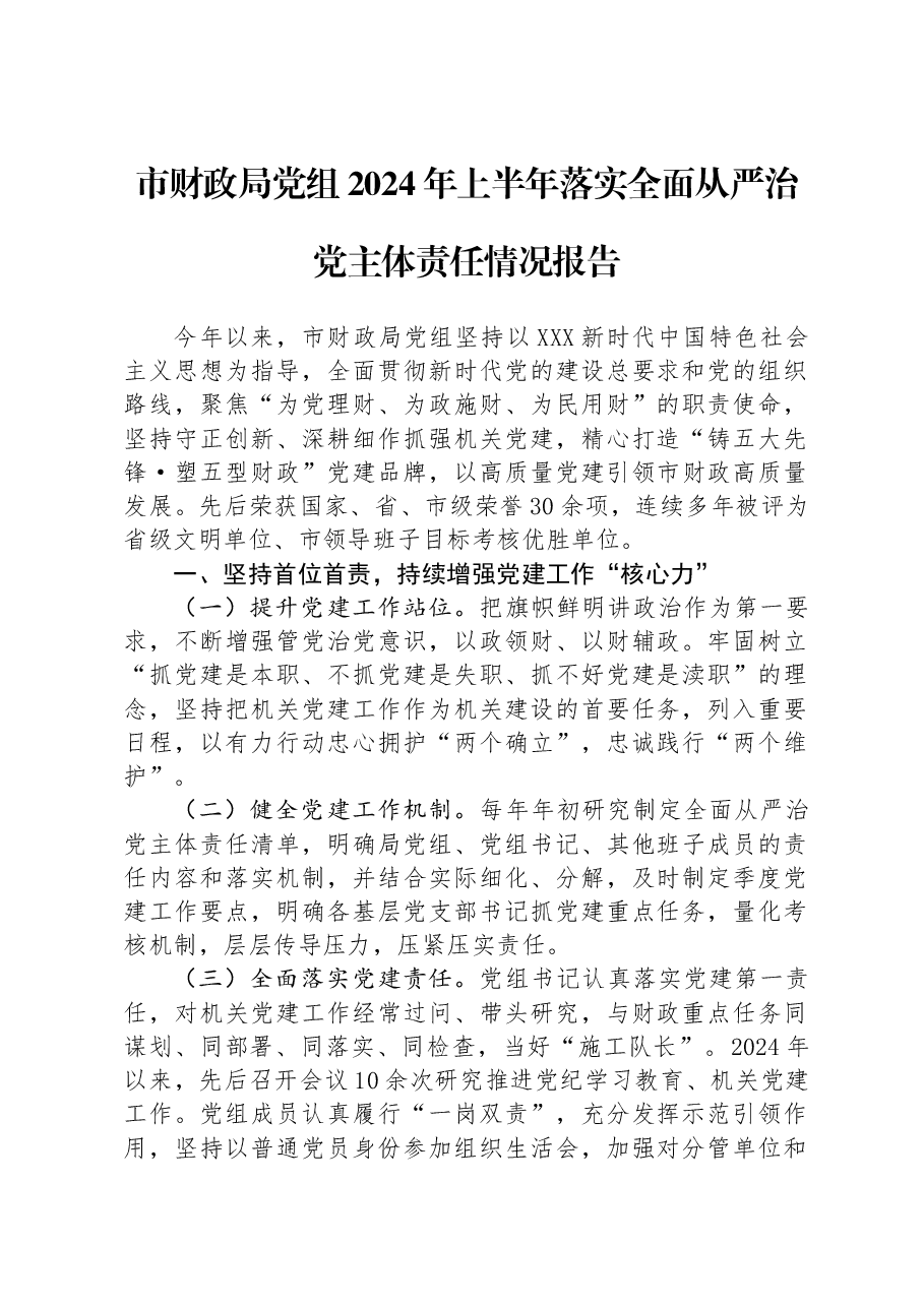 市财政局党组2024年上半年落实全面从严治党主体责任情况报告.docx,第1页预览