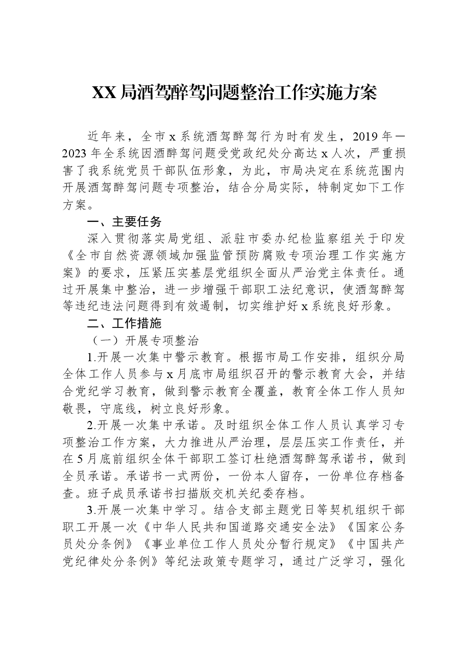 XX局酒驾醉驾问题整治工作实施方案.docx,第1页预览