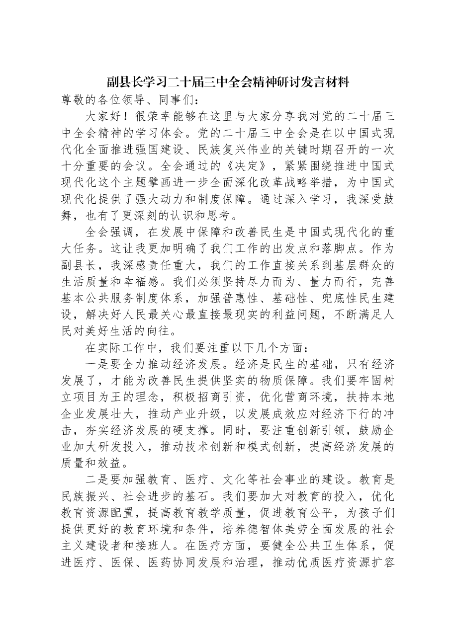 副县长学习二十届三中全会精神研讨发言材料.docx，第1页预览