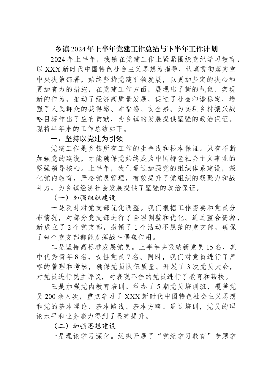 乡镇2024年上半年党建工作总结与下半年工作计划.docx,第1页预览