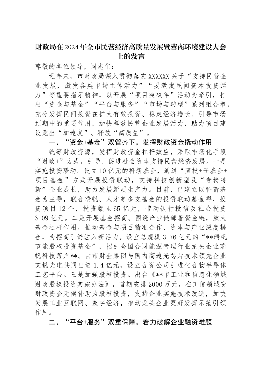 财政局在2024年全市民营经济高质量发展暨营商环境建设大会上的发言.docx,第1页预览