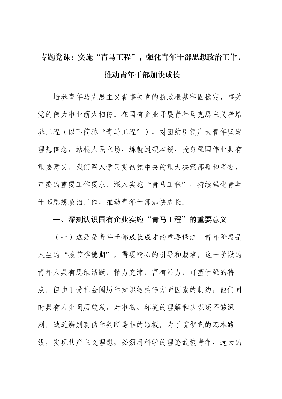 专题党课:实施“青马工程”,强化青年干部思想政治工作,推动青年干部加快成长.docx,第1页预览