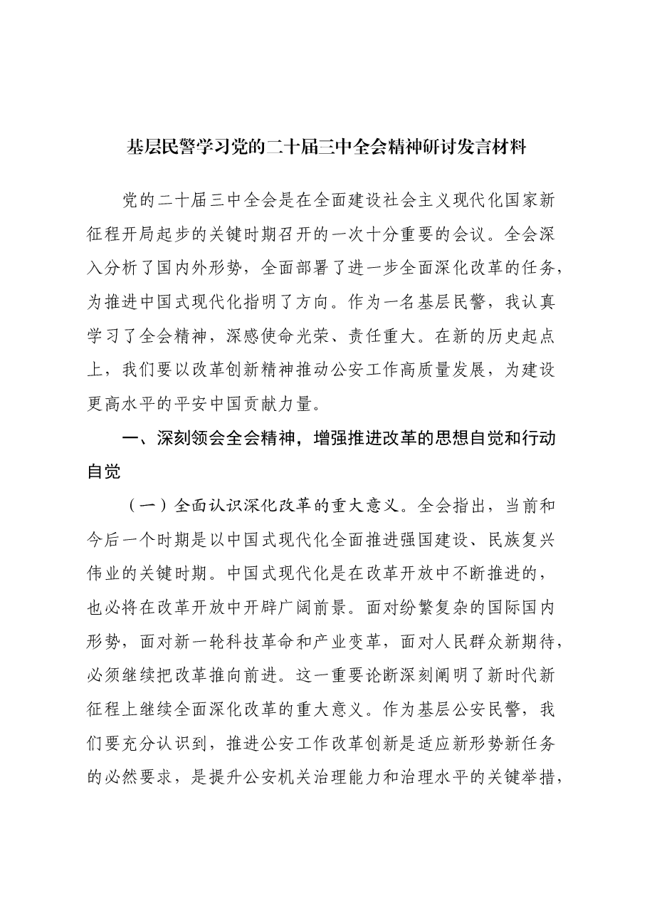 基层民警学习党的二十届三中全会精神研讨发言材料.docx,第1页预览