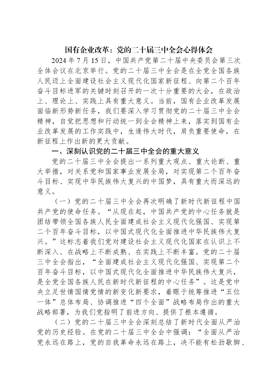 国有企业改革:党的二十届三中全会心得体会.docx,第1页预览