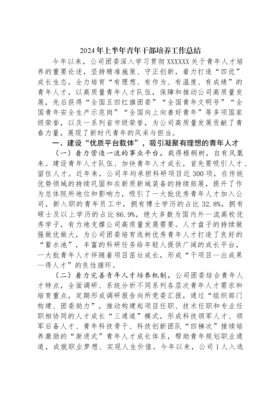 2024年上半年青年干部培养工作总结.docx,第1页预览