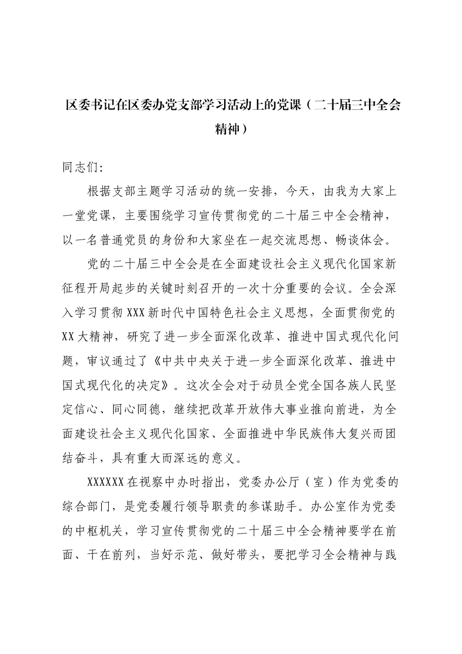 区委书记在区委办党支部学习活动上的党课(二十届三中全会精神).docx,第1页预览