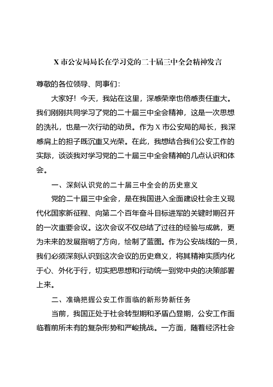 X市公安局局长在学习党的二十届三中全会精神发言.docx,第1页预览