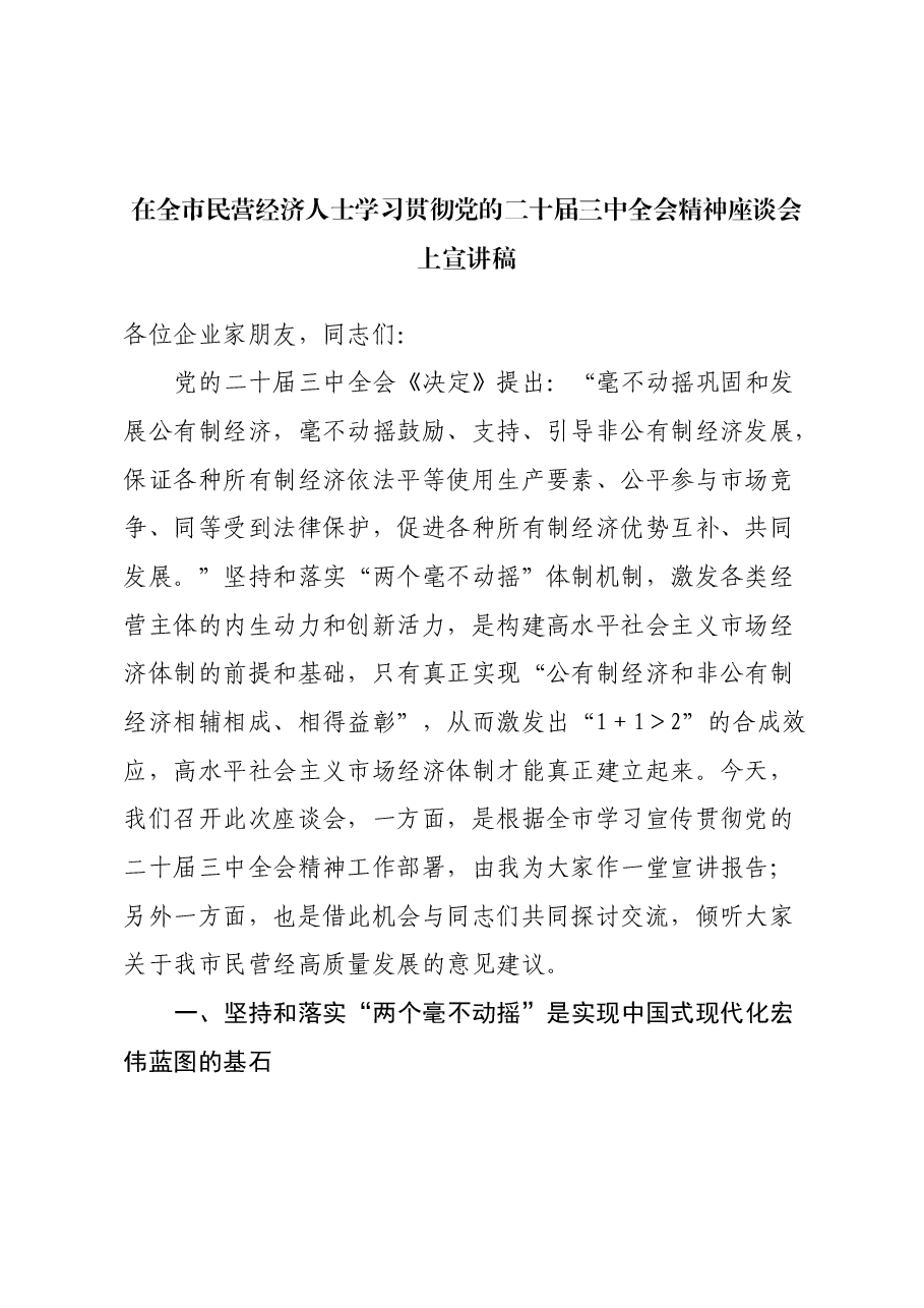 在全市民营经济人士学习贯彻党的二十届三中全会精神座谈会上宣讲稿.docx,第1页预览