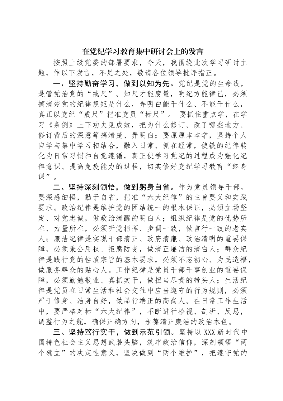 在党纪学习教育集中研讨会上的发言.docx,第1页预览