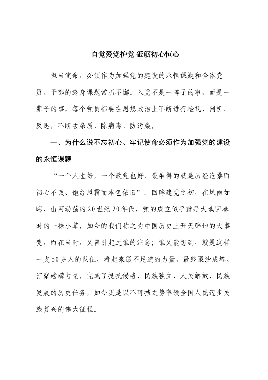 党课:自觉爱党护党 砥砺初心恒心.docx,第1页预览