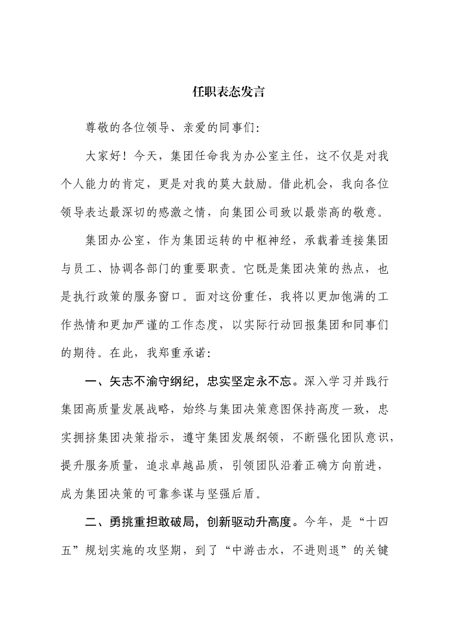 公司办公室主任任职表态发言.docx,第1页预览