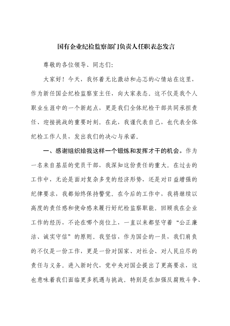 国有企业纪检监察部门负责人任职表态发言(公司).docx,第1页预览