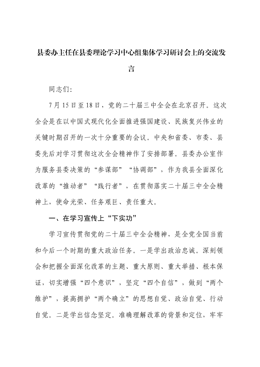 县委办主任在县委理论学习中心组集体学习研讨会上的交流发言.docx,第1页预览