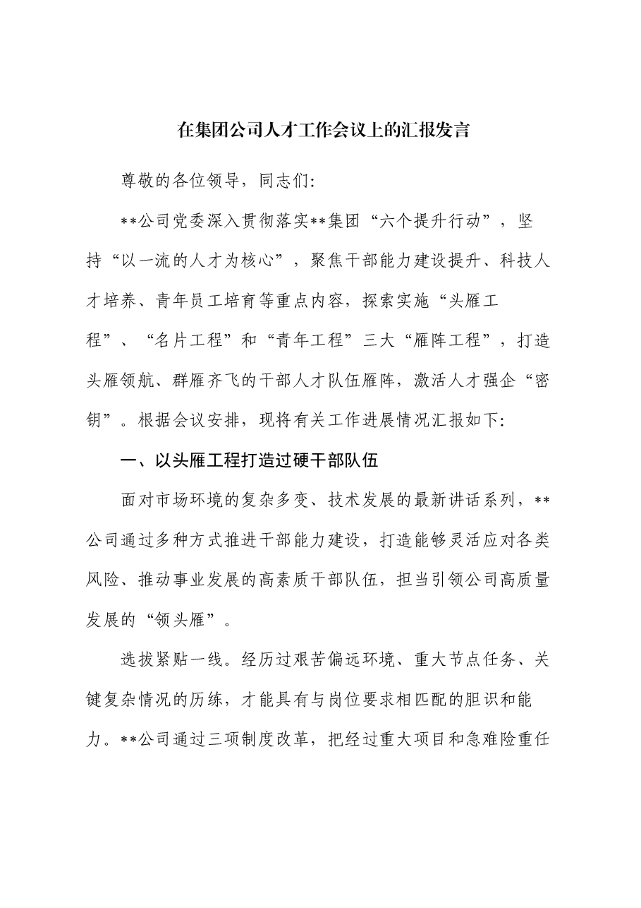 在集团公司人才工作会议上的汇报发言.docx，第1页预览