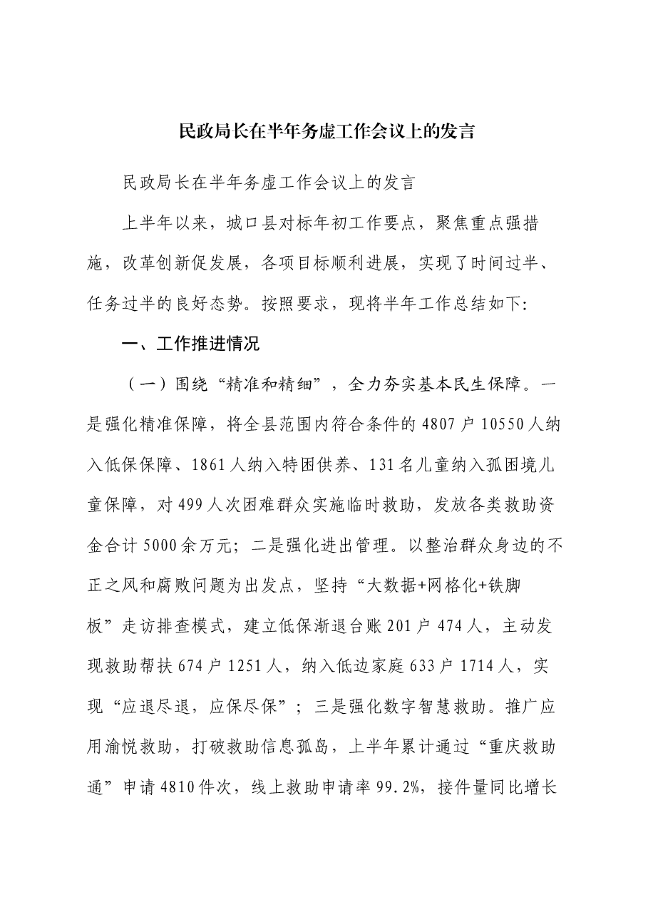 民政局长在半年务虚工作会议上的发言.docx,第1页预览