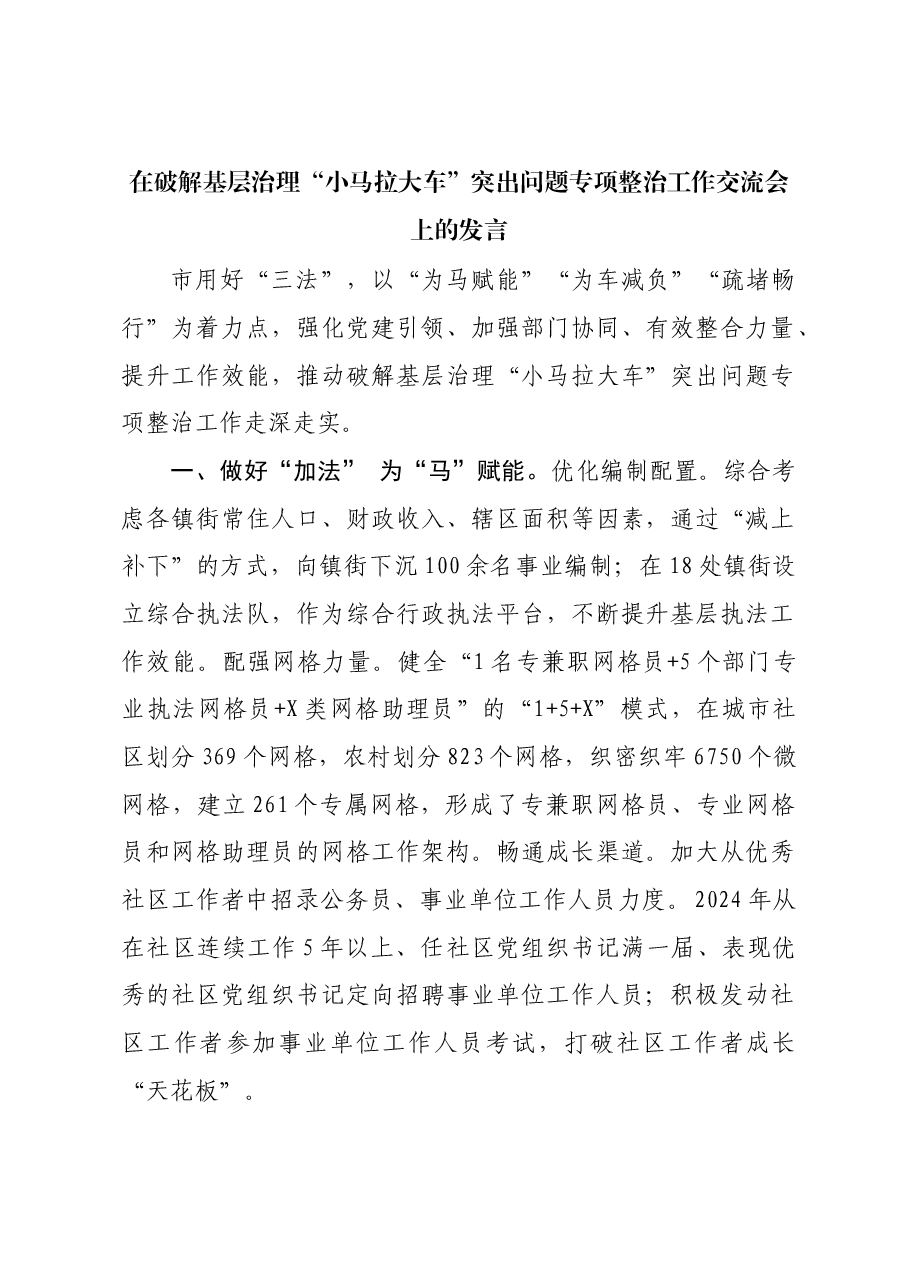 在破解基层治理“小马拉大车”突出问题专项整治工作交流会上的发言.docx,第1页预览