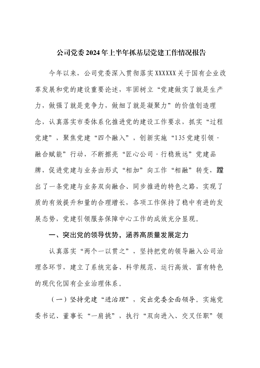 公司党委2024年上半年抓基层党建工作情况报告.docx,第1页预览
