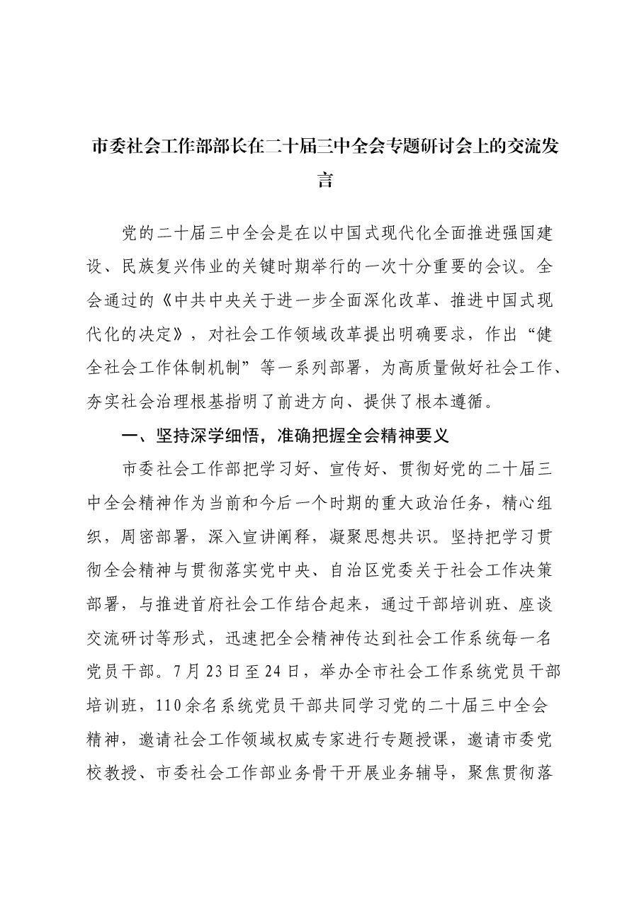 市委社会工作部部长在二十届三中全会专题研讨会上的交流发言.docx,第1页预览