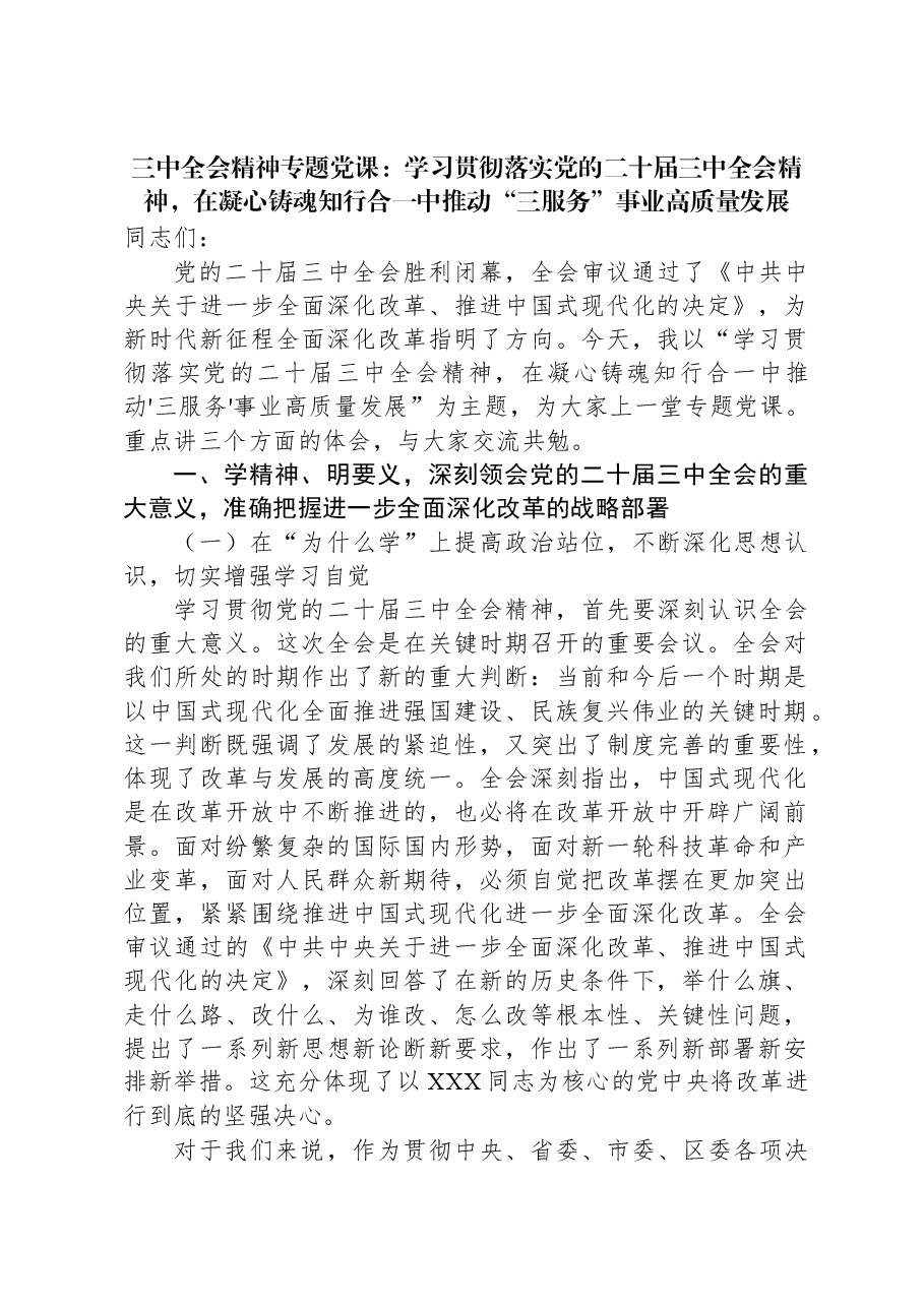 三中全会精神专题党课:学习贯彻落实党的二十届三中全会精神,在凝心铸魂知行合一中推动“三服务”事业高质量发展.docx,第1页预览