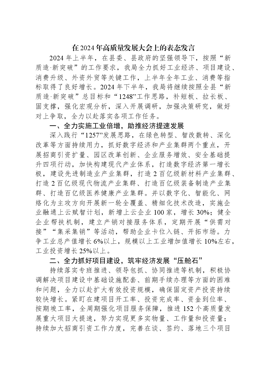 在2024年高质量发展大会上的表态发言.docx,第1页预览