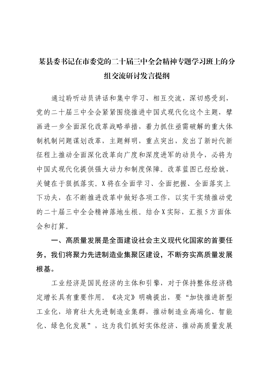 某县委书记在市委党的二十届三中全会精神专题学习班上的分组交流研讨发言提纲.docx,第1页预览