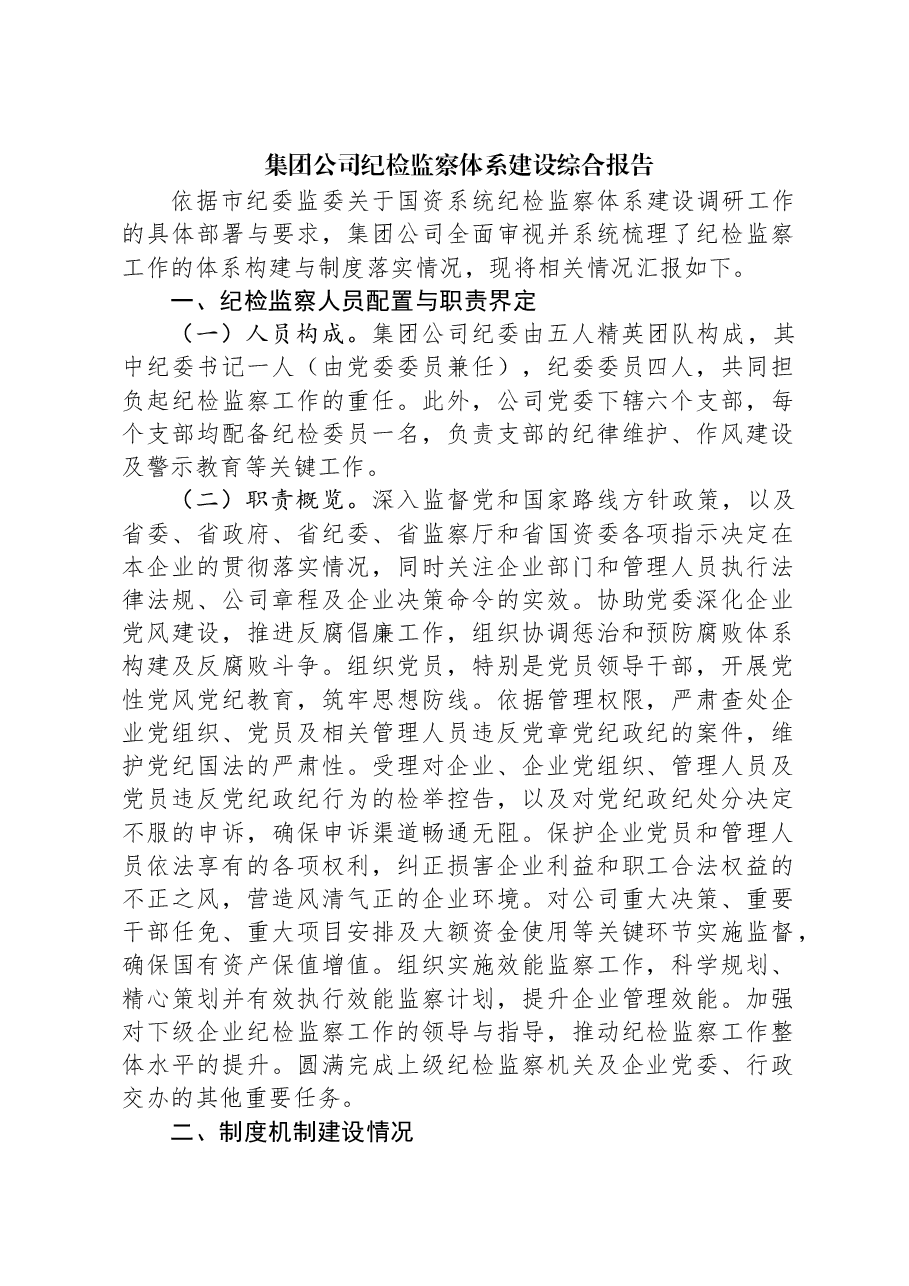 集团公司纪检监察体系建设综合报告.docx,第1页预览
