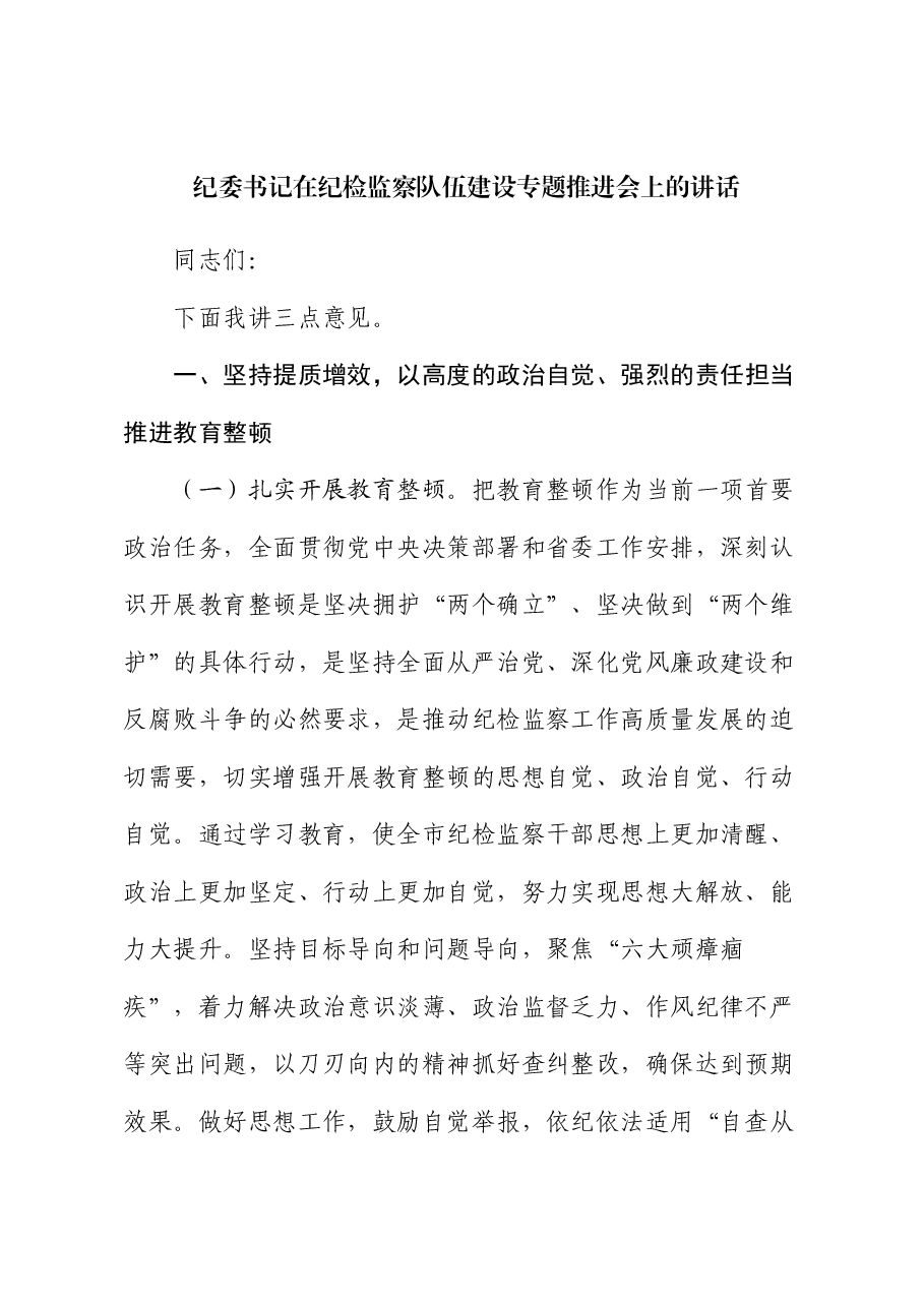 纪委书记在纪检监察队伍建设专题推进会上的讲话.docx,第1页预览
