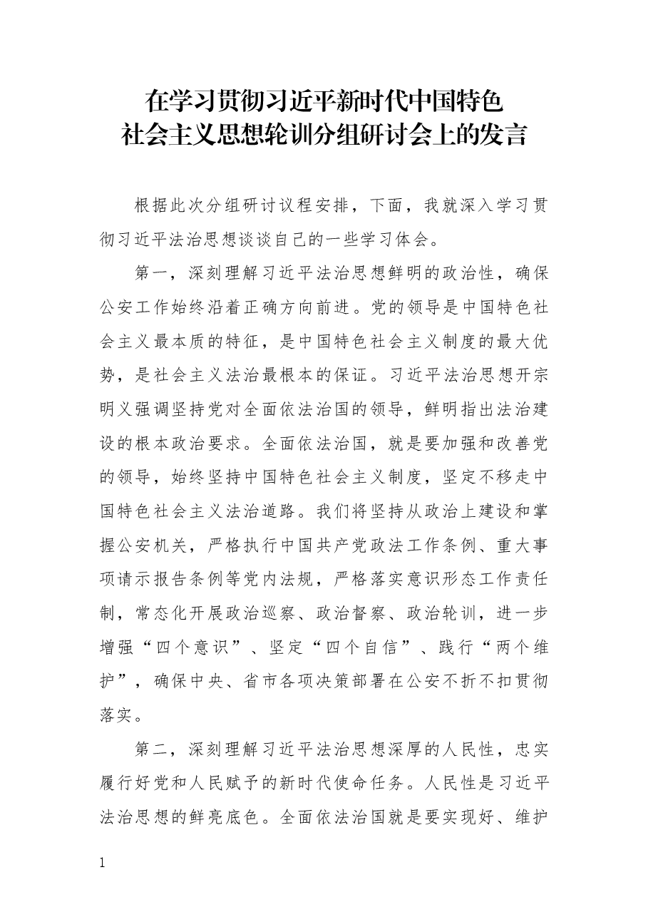 在学习贯彻习近平新时代中国特色社会主义思想轮训分组研讨会上的发言.docx,第1页预览