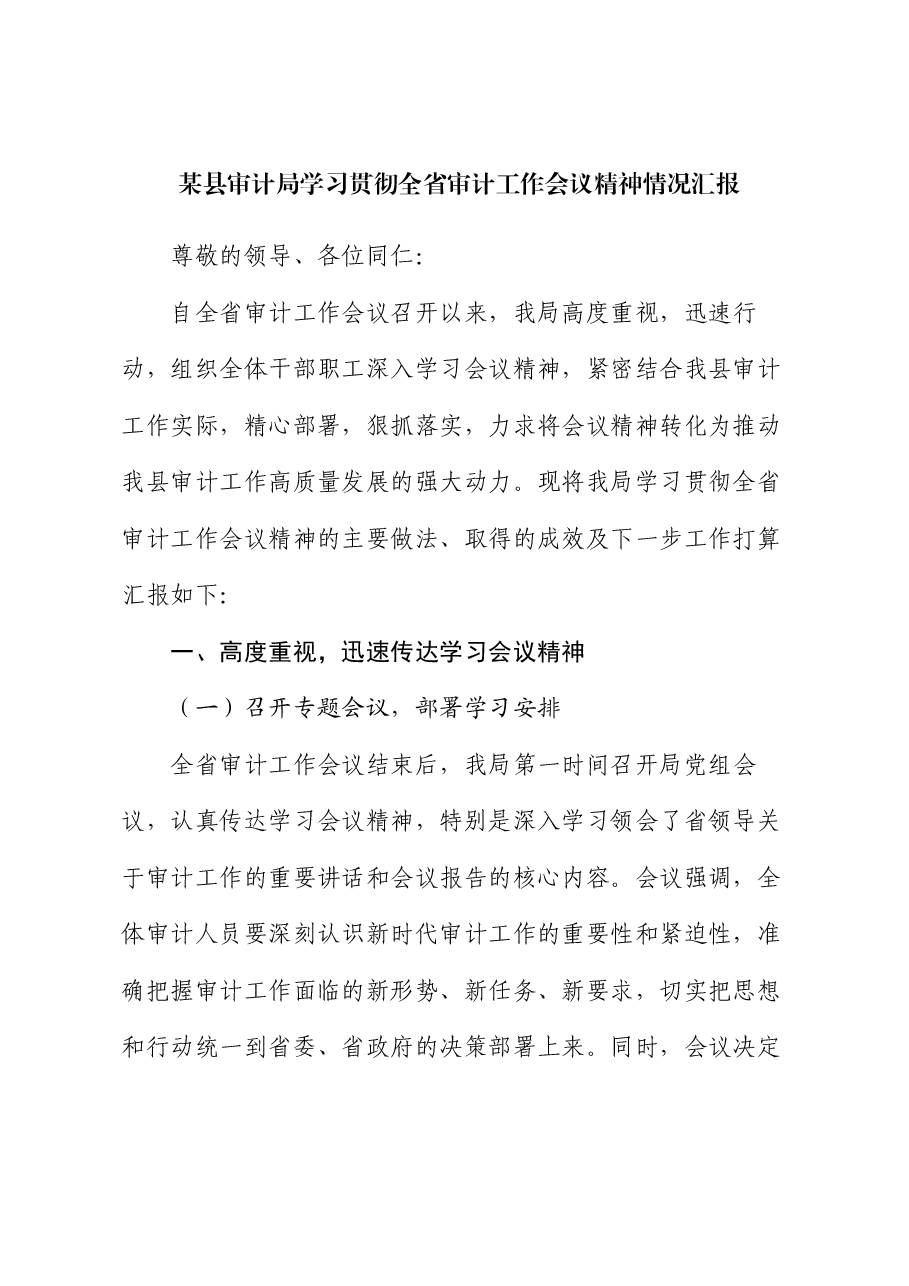 某县审计局学习贯彻全省审计工作会议精神情况汇报.docx,第1页预览