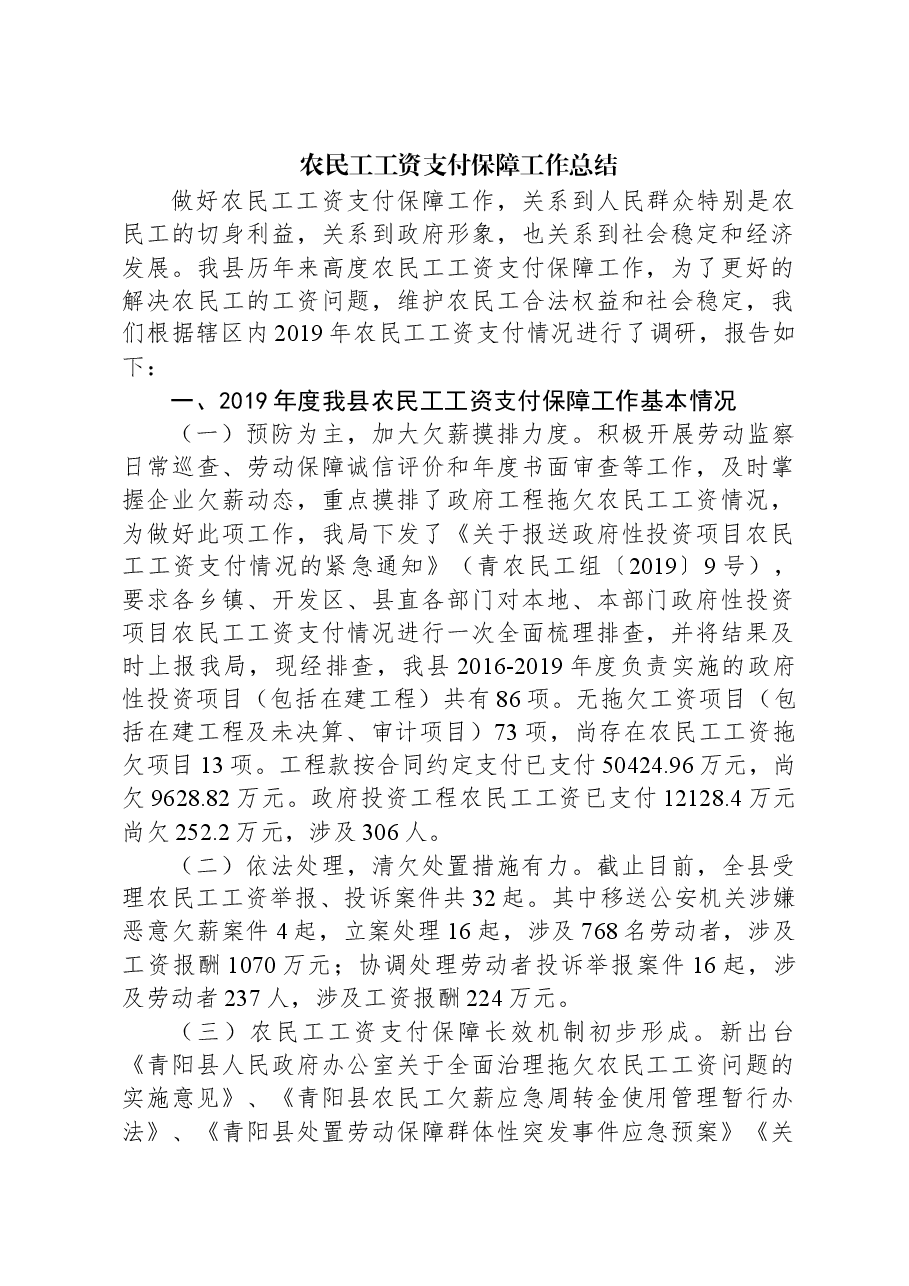 农民工工资支付保障工作总结.docx,第1页预览