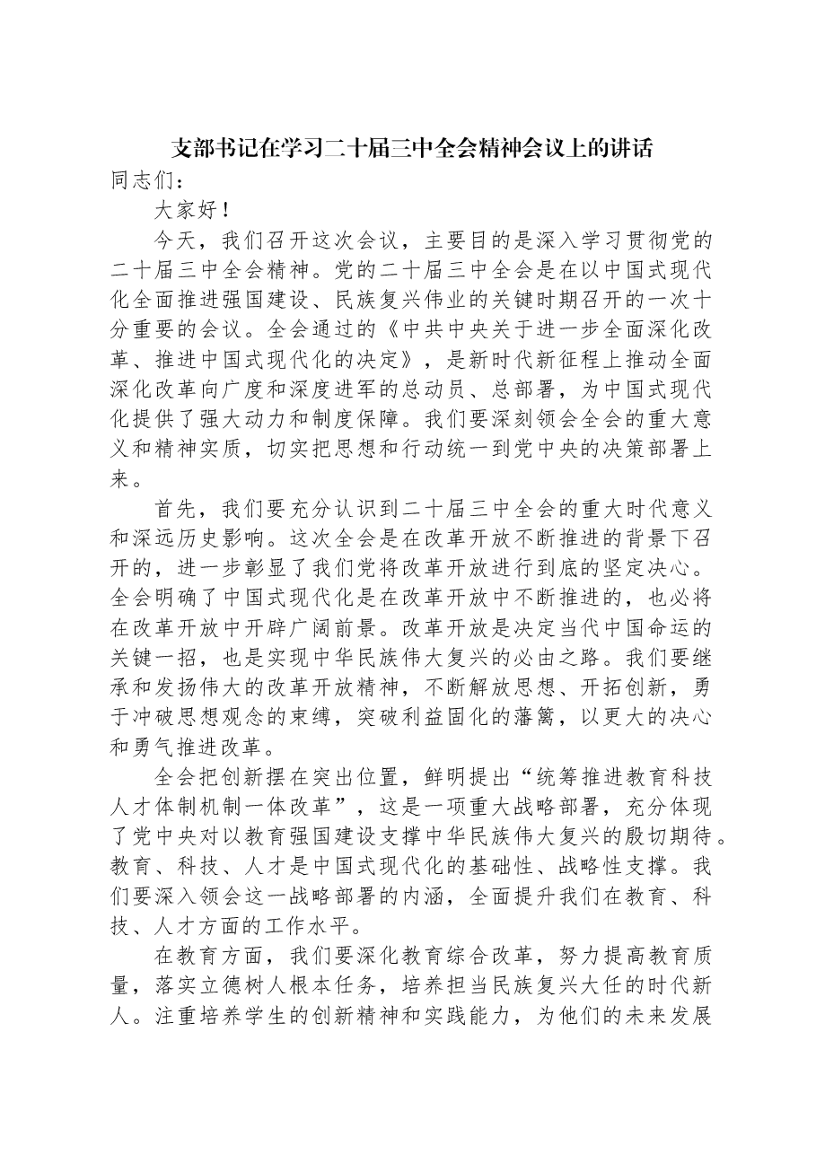支部书记在学习二十届三中全会精神会议上的讲话.docx,第1页预览