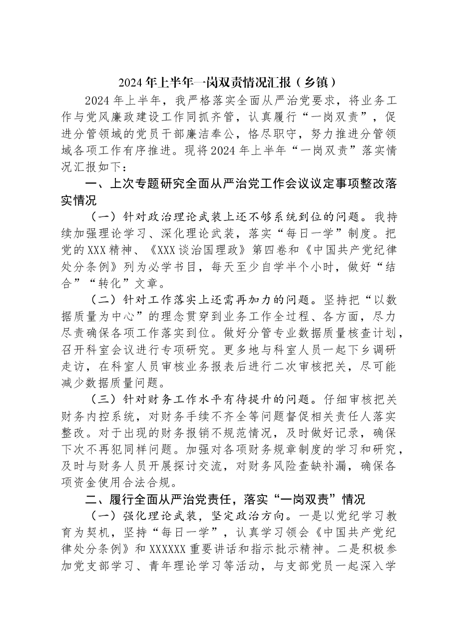 2024年上半年一岗双责情况汇报(乡镇).docx,第1页预览