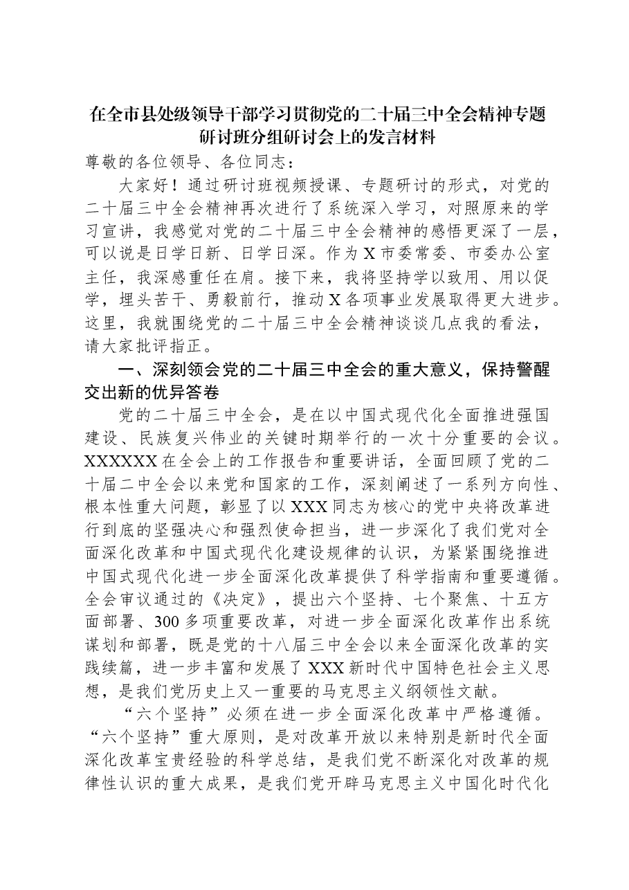 在全市县处级领导干部学习贯彻党的二十届三中全会精神专题研讨班分组研讨会上的发言材料.docx,第1页预览