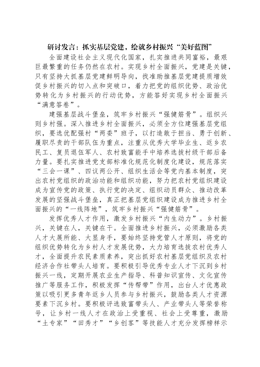 研讨发言:抓实基层党建,绘就乡村振兴“美好蓝图”.docx,第1页预览