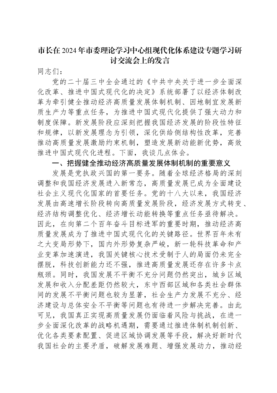 市长在2024年市委理论学习中心组现代化体系建设专题学习研讨交流会上的发言.docx,第1页预览