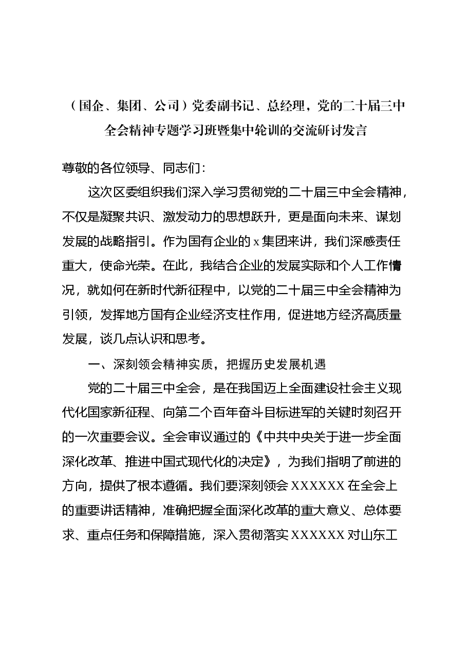 (国企、集团、公司)党委副书记、总经理,党的二十届三中全会精神 专题学习班暨集中轮训的交流研讨发言.docx,第1页预览
