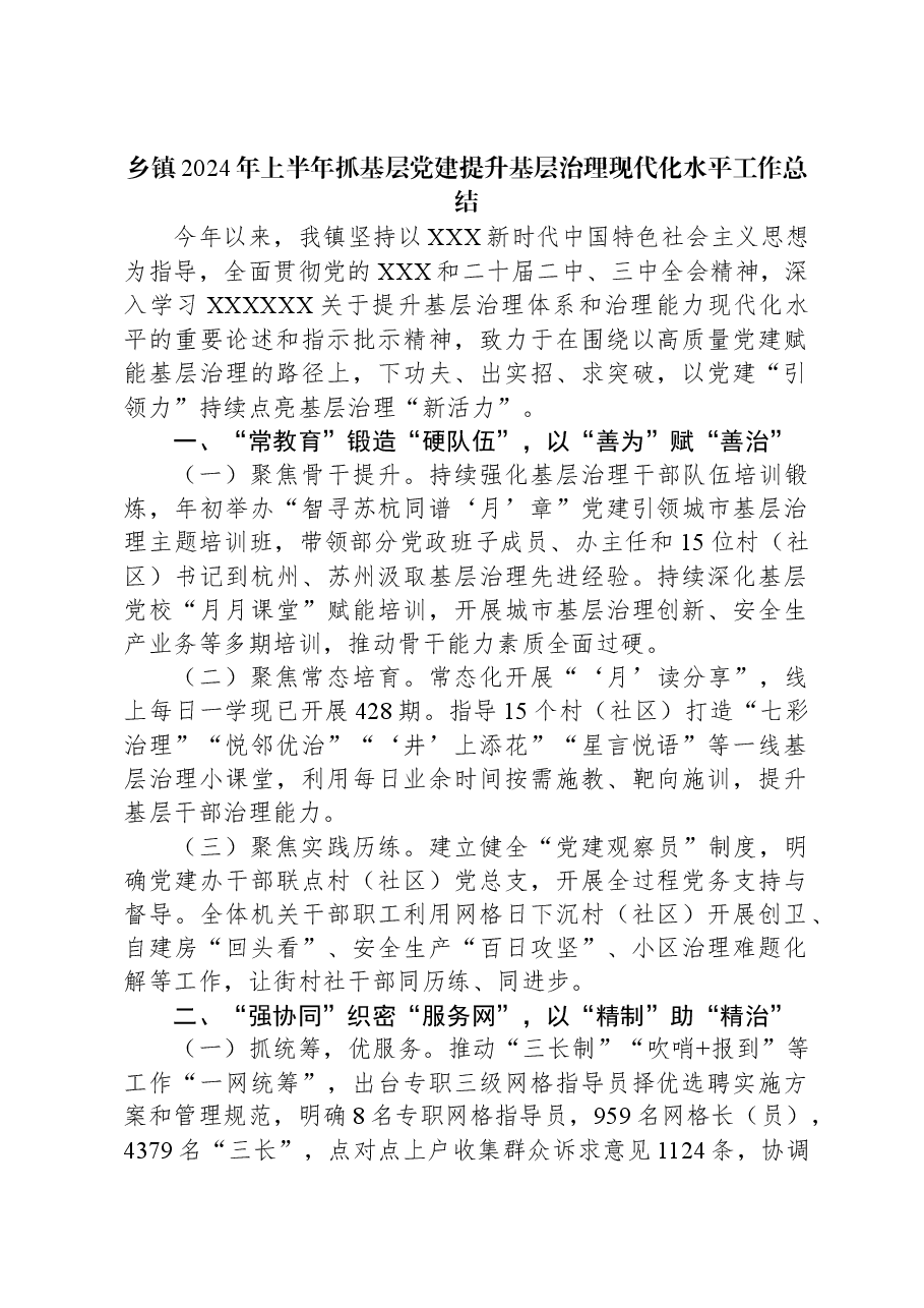 乡镇2024年上半年抓基层党建提升基层治理现代化水平工作总结.docx，第1页预览