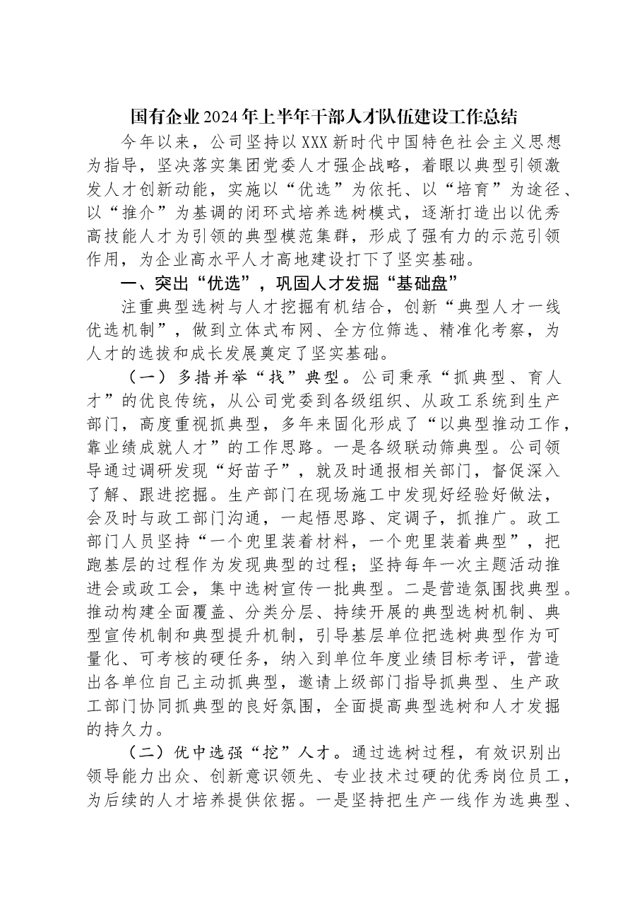 国有企业2024年上半年干部人才队伍建设工作总结.docx,第1页预览
