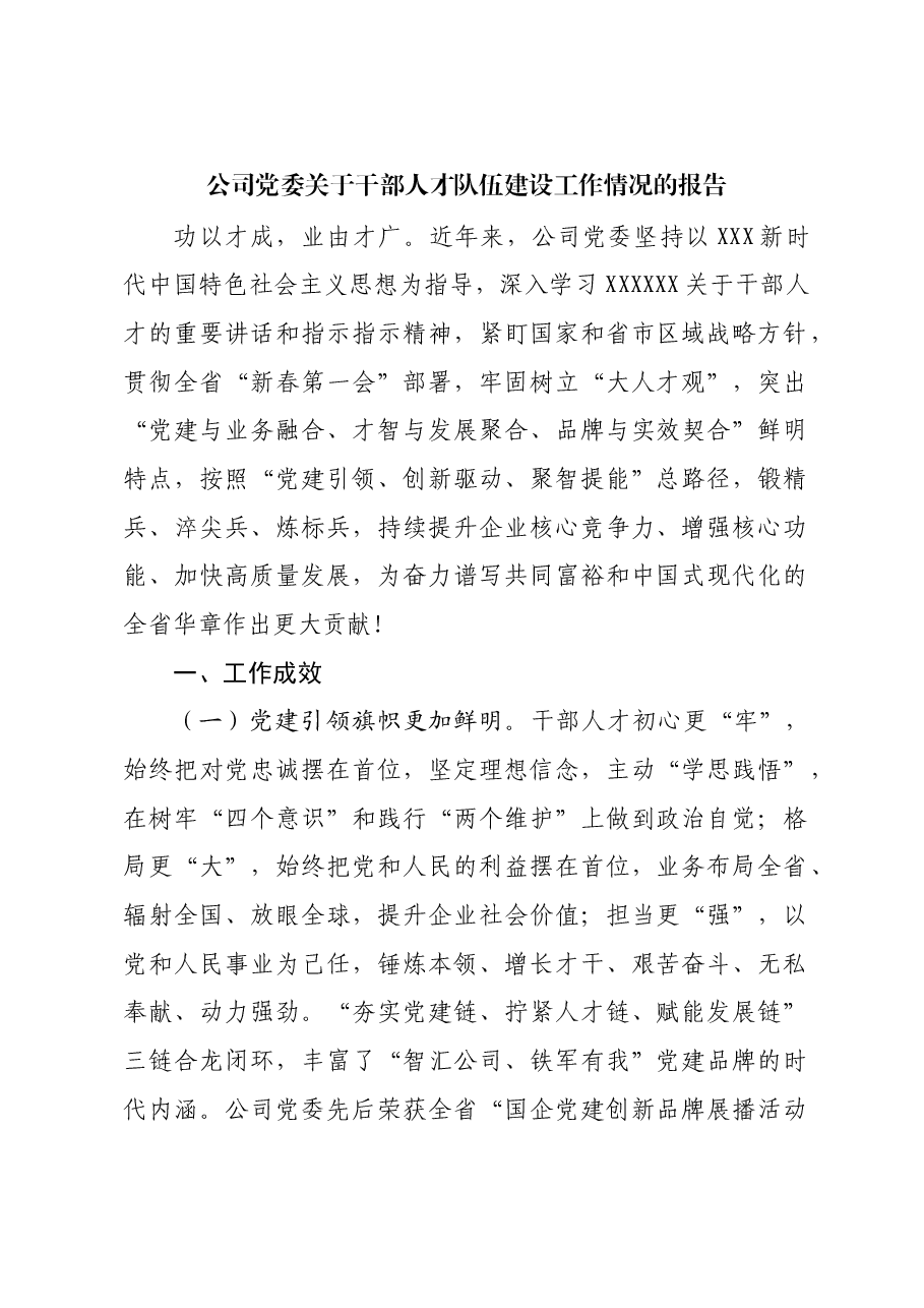 公司党委关于干部人才队伍建设工作情况的报告.docx,第1页预览