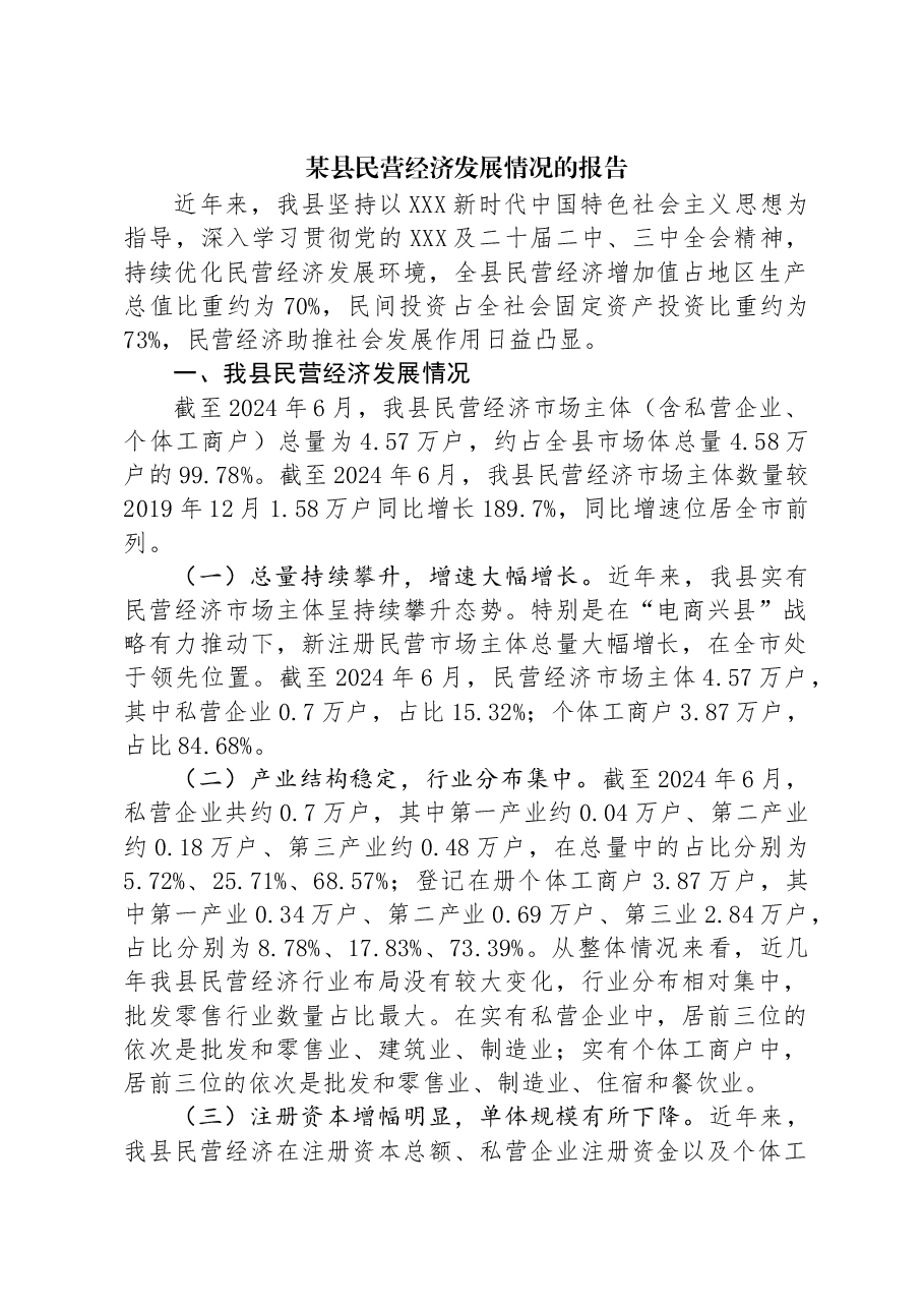某县民营经济发展情况的报告.docx,第1页预览