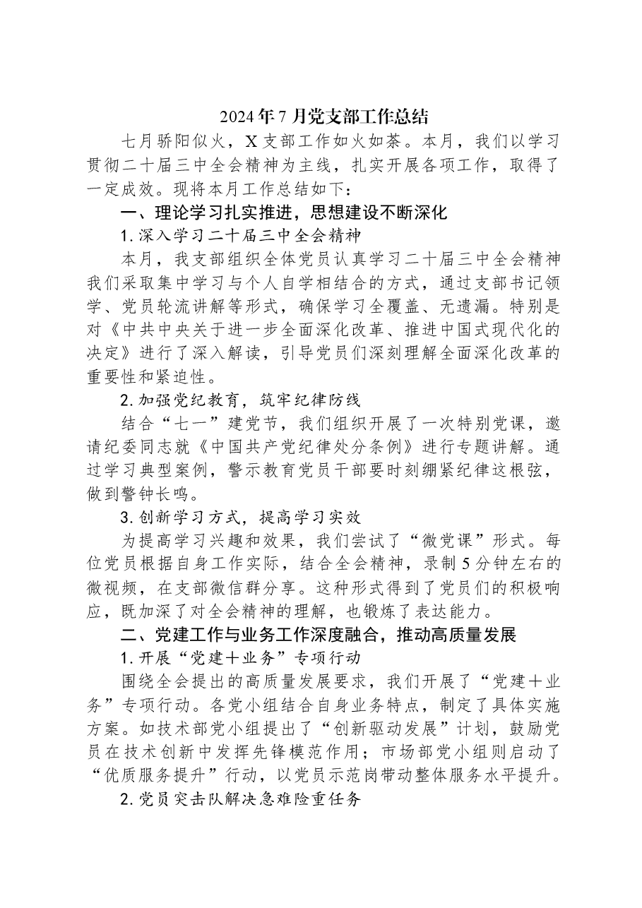 2024年7月党支部工作总结.docx，第1页预览