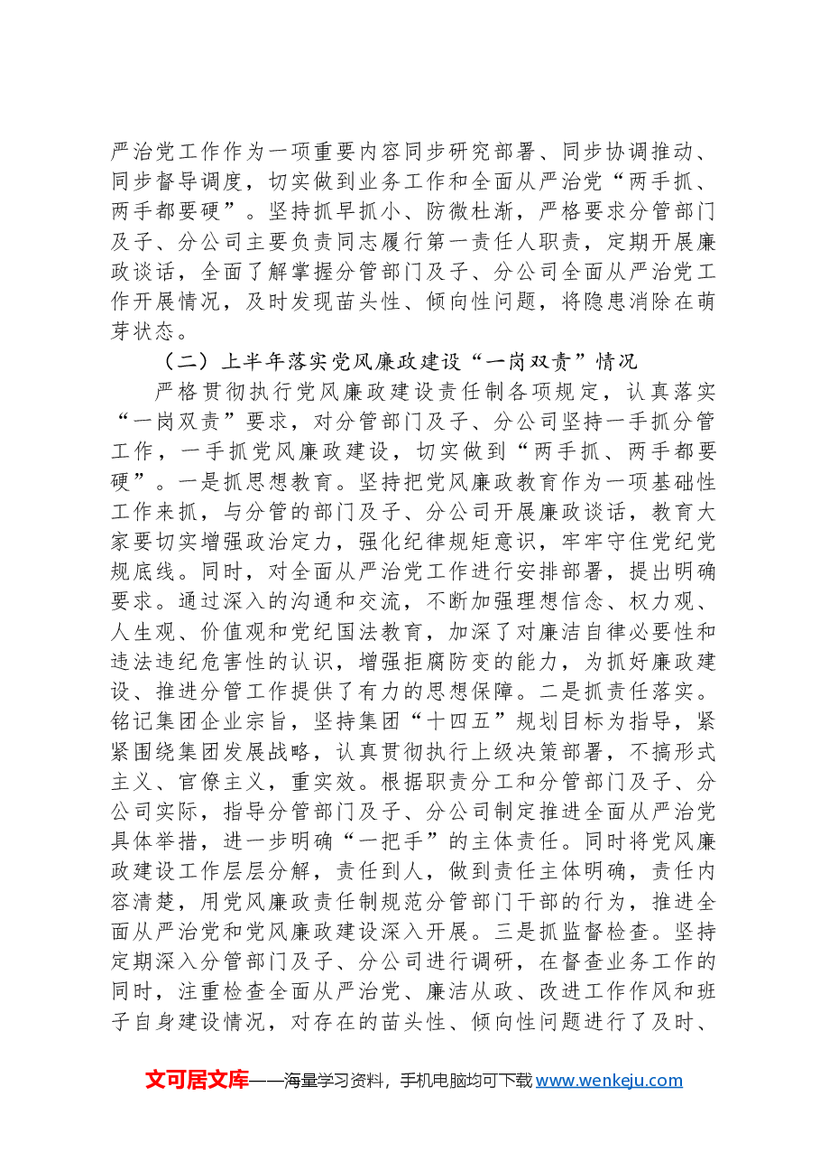 关于落实全面从严治党责任情况和履行党风廉政建设“一岗双责”情况的报告(国企领导).docx,第2页预览