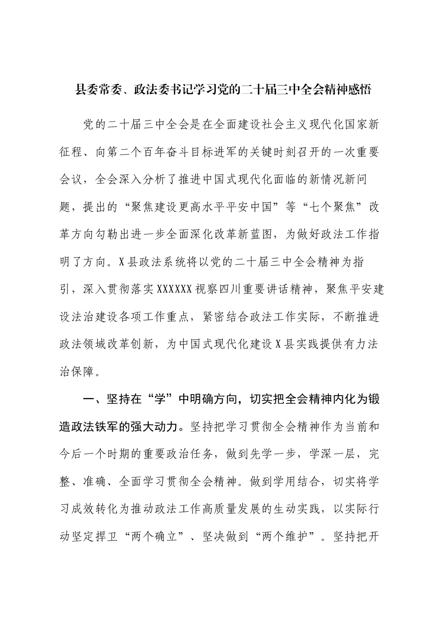 县委常委、政法委书记学习党的二十届三中全会精神感悟.docx,第1页预览